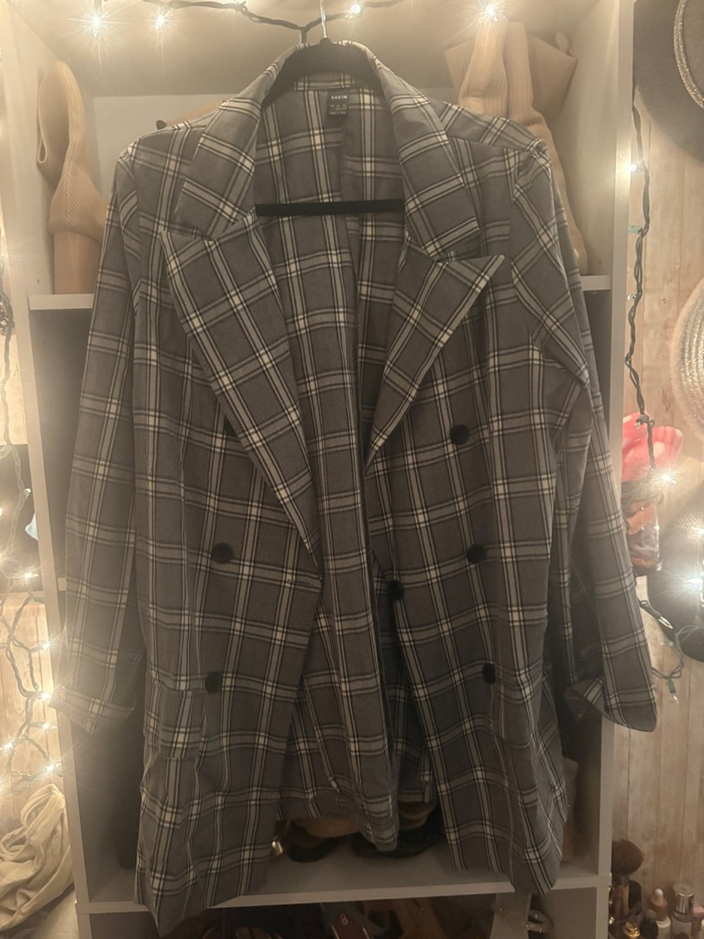 SHEIN Gray Plaid Double-Breasted Blazer Jacket